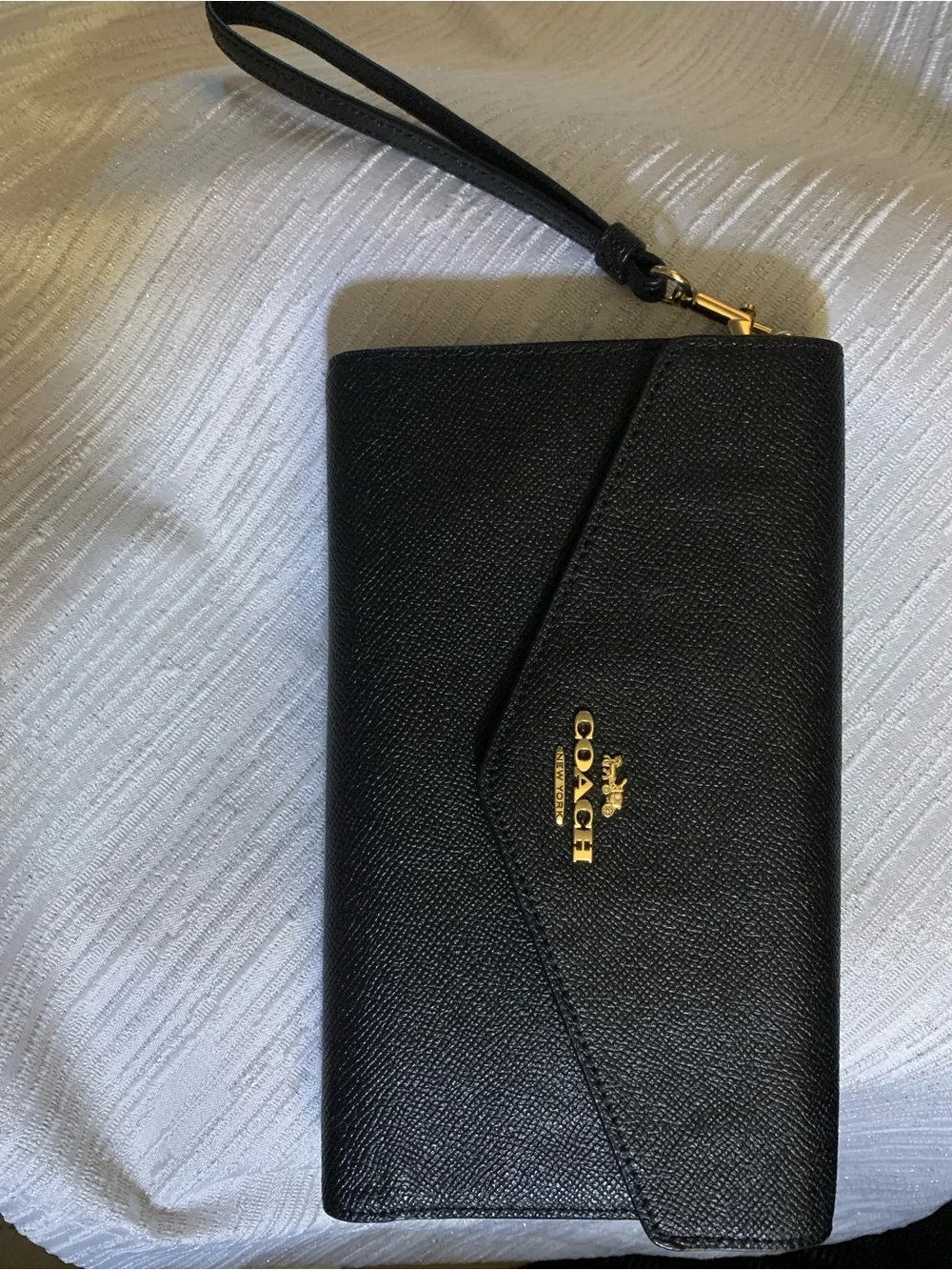 Coach Black Pebbled Leather Travel Wallet Wristlet with Gold Logo Accent
